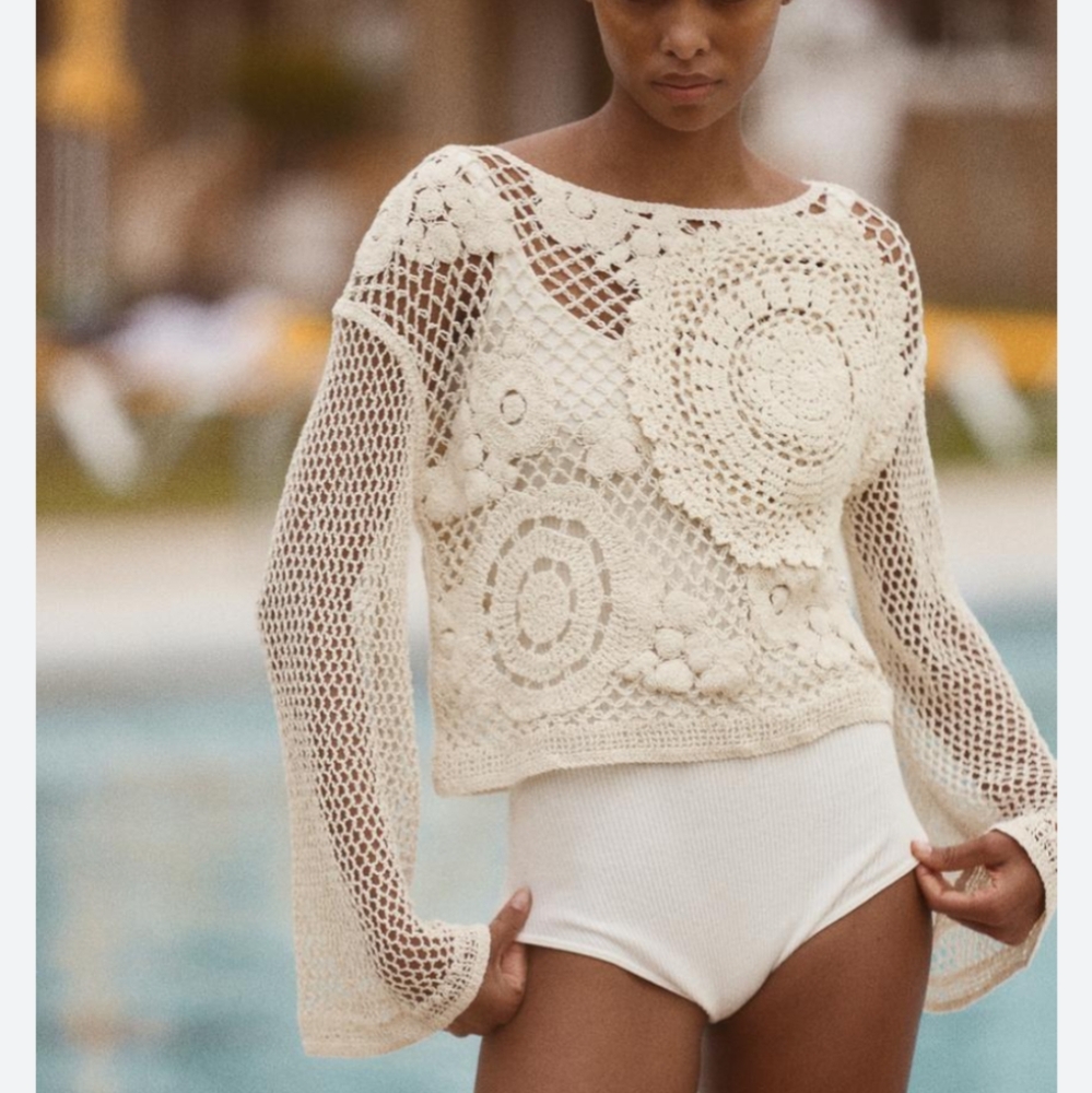 Zara women crochet open knit top beige long sleeves S NWT